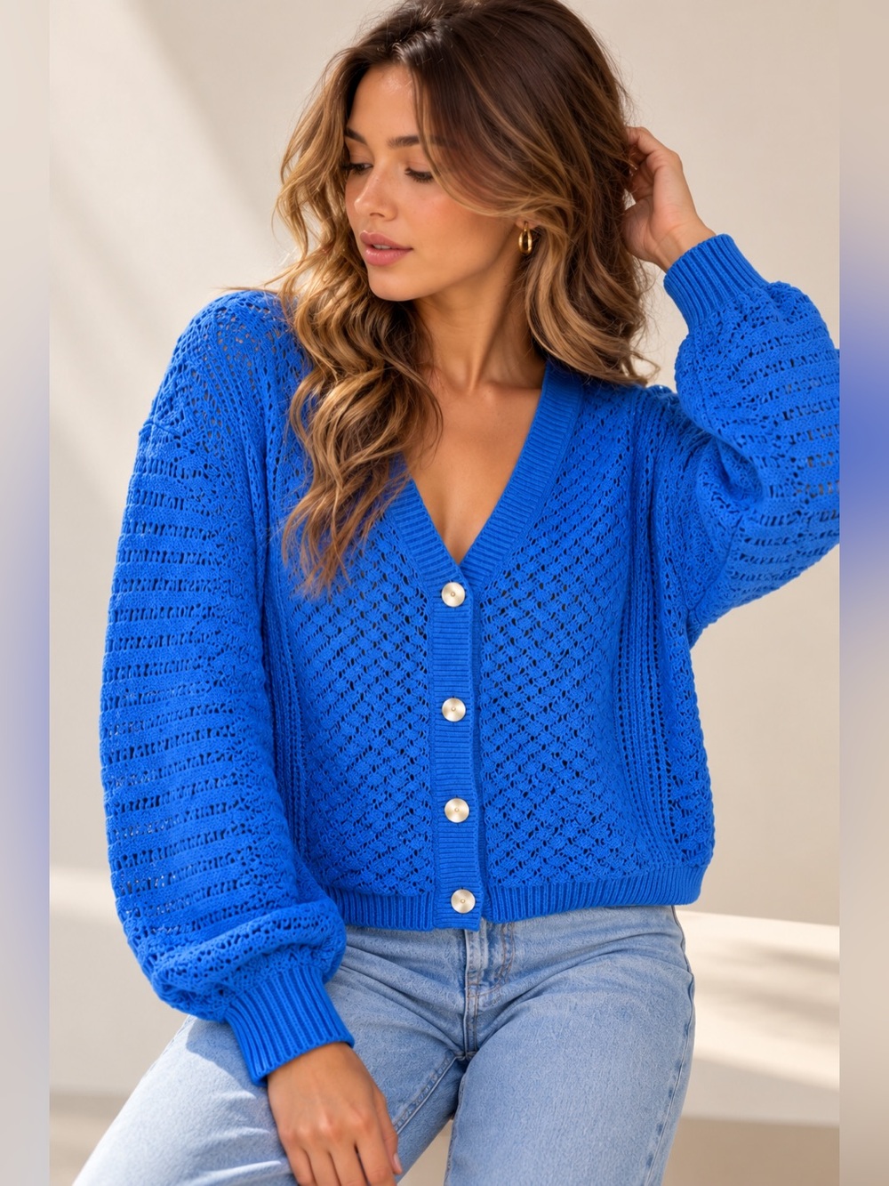 Sonoma Open-Knit Cotton Blend Cardigan Sweater Blue Size M